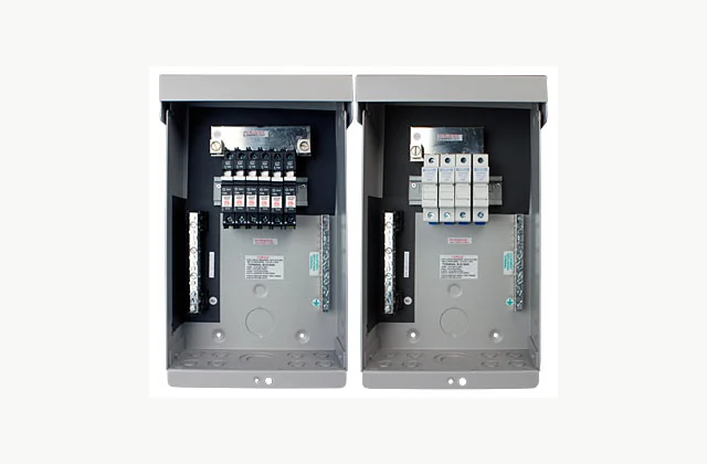 MidNite Solar MNPV6 PV string combiner showing breaker and fuse configuration alternatives