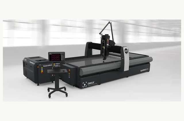 OMAX OptiMAX 60X abrasive waterjet system with cutting table, pump and controller; official manufacturer configuration reference