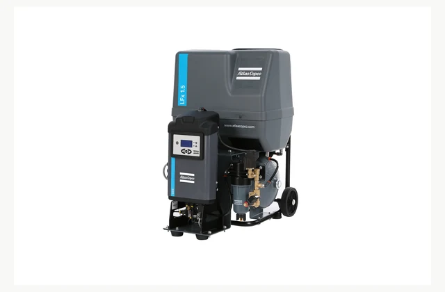 Atlas Copco LFx 1.5 trolley-mounted piston compressor with a dryer module shown; official manufacturer configuration reference