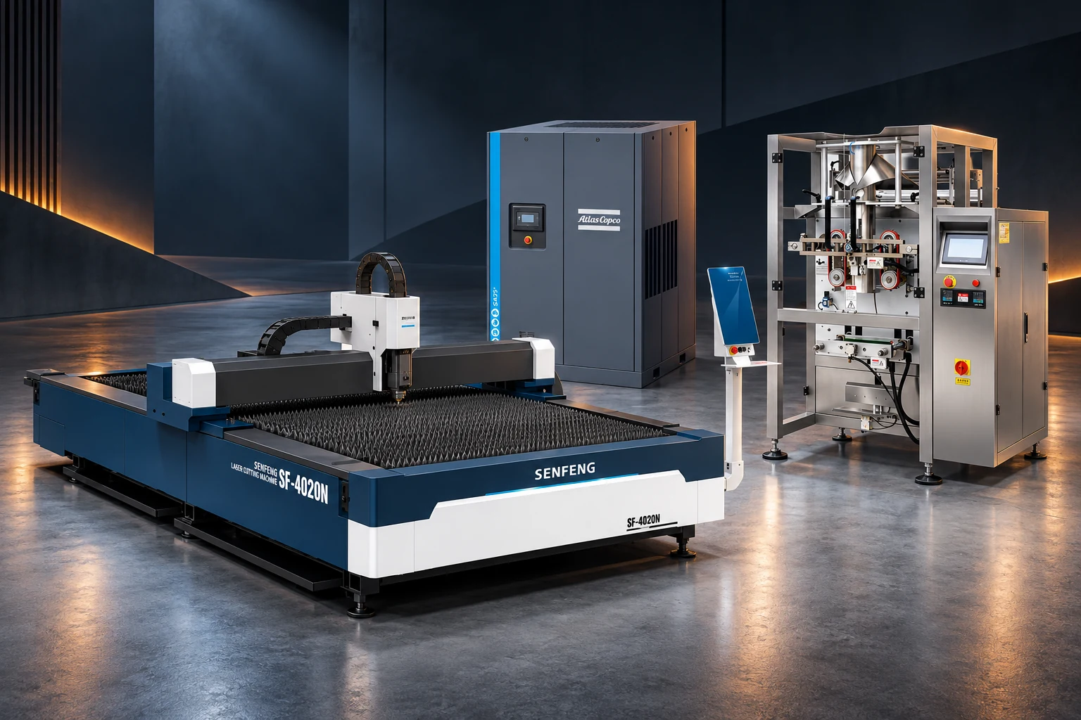 Realistic equipment design visualization based on reference models: fiber laser cutter, screw air compressor and vertical packaging machine